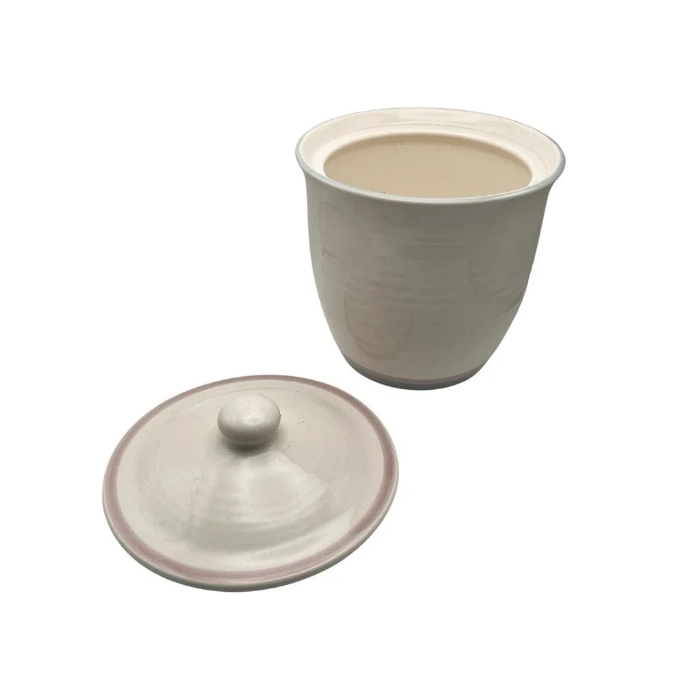 Vintage Pfaltzgraff Aura Pink Blue Striped Canister Jar 8” Lid USA Stoneware - Picture 2 of 4